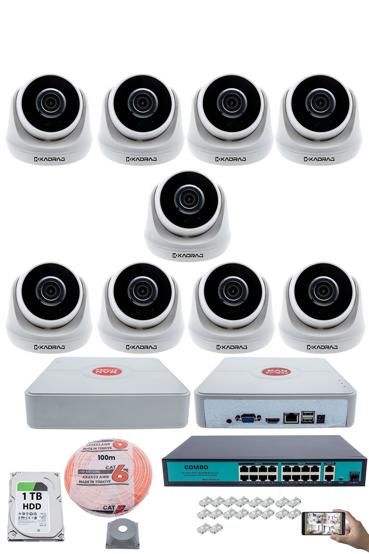 Kadraj 9 Kameralı IP Dome Güvenlik Kamerası Seti | 4MP Ultra HD, 30m Gece Görüş, Ses Alma, Uzaktan İzleme