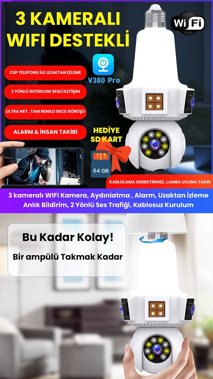 Kadraj Ampül Kamera, WIFI, 9MP, Alarm, Uzaktan İzleme, Hareket Tabiki, Anlık Bildirim,Gece Görüşü, Kablosuz