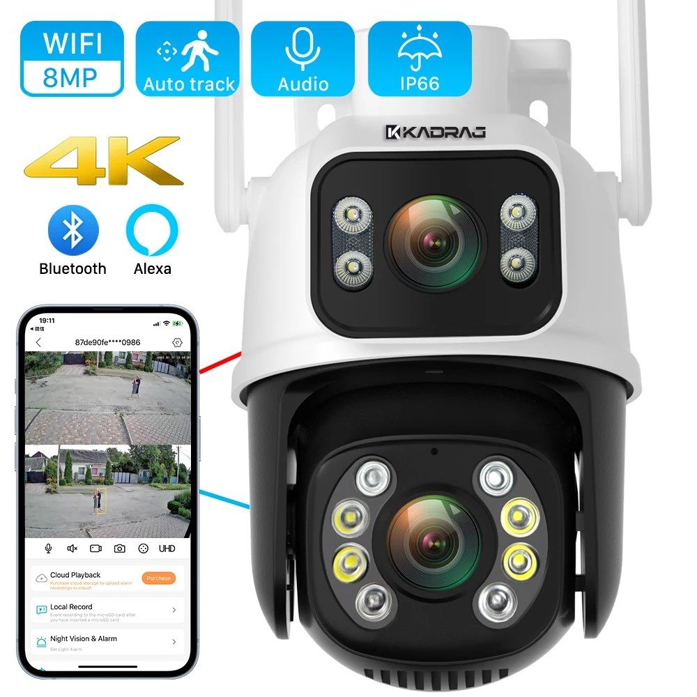 Kadraj Çift Lens Çift Ekran ile Kadraj 8MP 4K PTZ WIFI Kamera: AI İnsan Algılama Kablosuz Açık CCTV Güvenlik IP Kamerası Uzaktan Kontrol