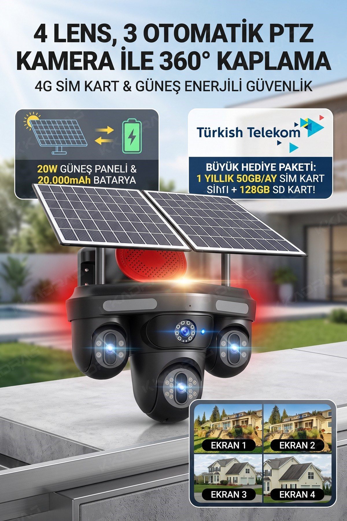 Kadraj Güneş Enerjili Güvenlik Kamerası 3 Kamera Otomatik 1 kamera sabit + 50GB Her ay Türk Telekom 1 Yıllık - görsel 8