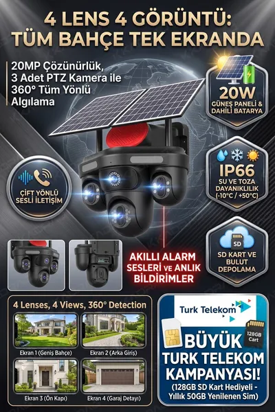 Kadraj Güneş Enerjili Güvenlik Kamerası 3 Kamera Otomatik 1 kamera sabit + 50GB Her ay Türk Telekom 1 Yıllık