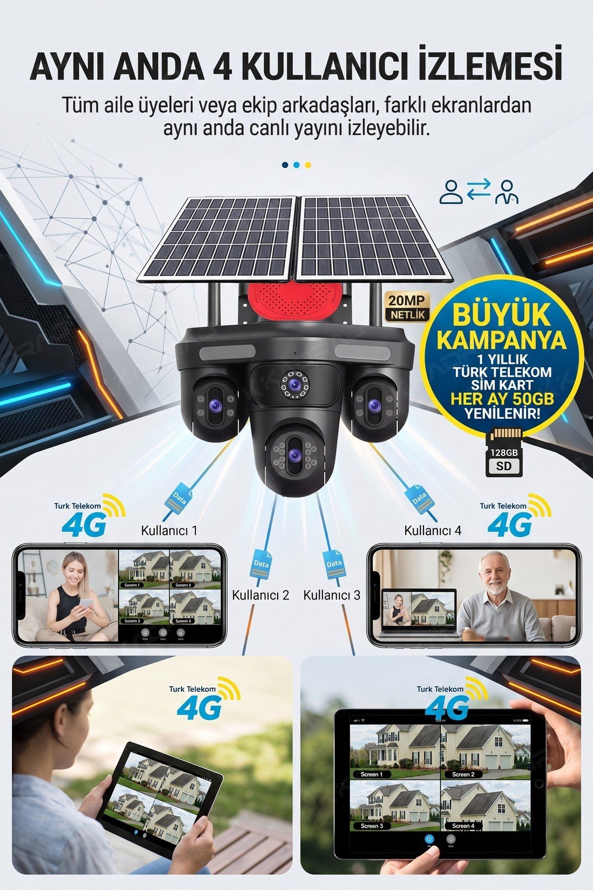 Kadraj Güneş Enerjili Güvenlik Kamerası 3 Kamera Otomatik 1 kamera sabit + 50GB Her ay Türk Telekom 1 Yıllık - görsel 6