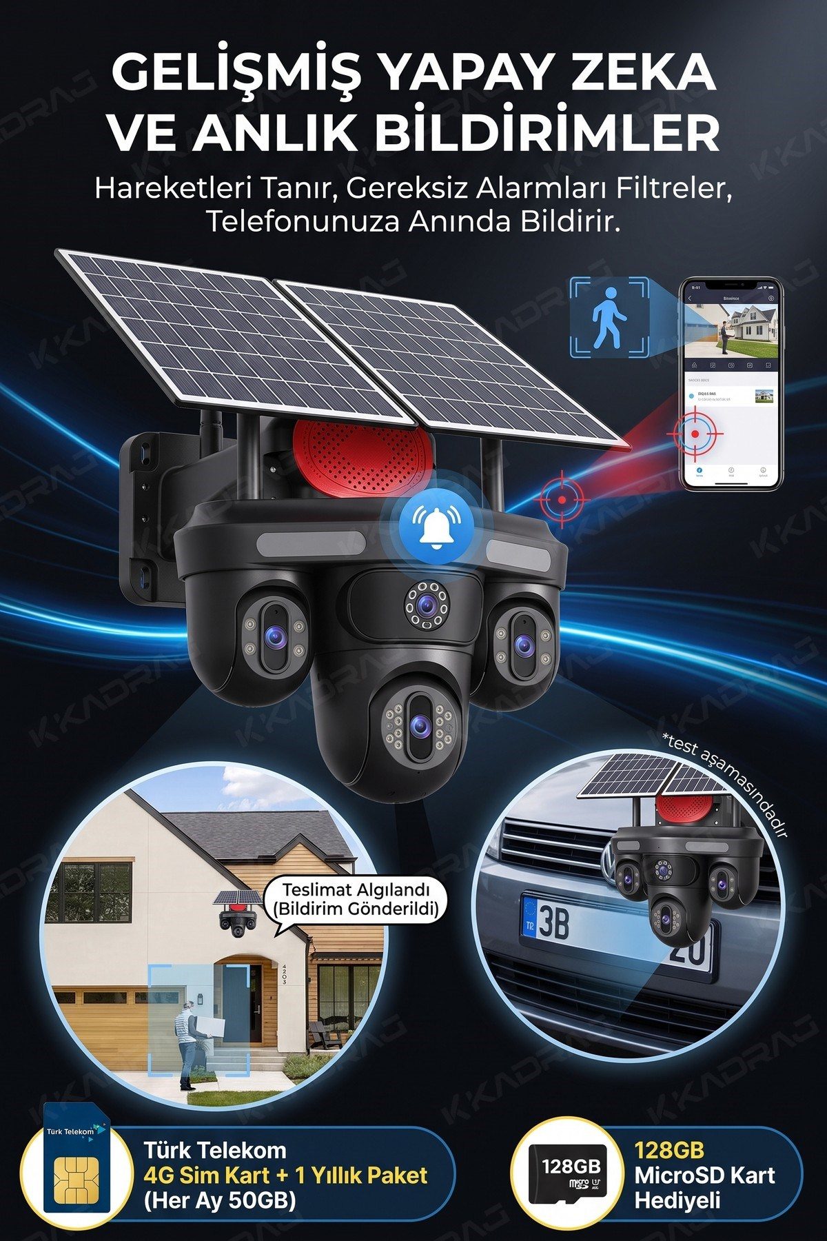 Kadraj Güneş Enerjili Güvenlik Kamerası 3 Kamera Otomatik 1 kamera sabit + 50GB Her ay Türk Telekom 1 Yıllık - görsel 7