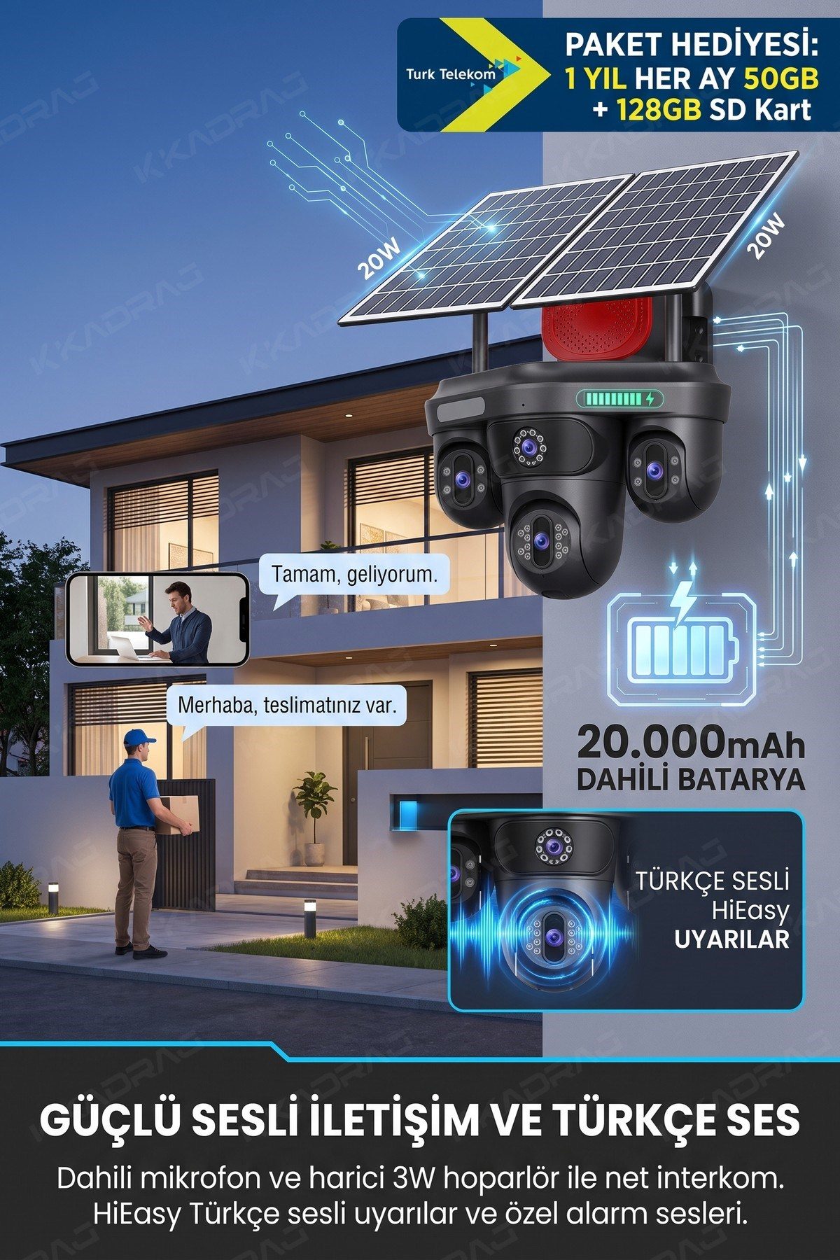 Kadraj Güneş Enerjili Güvenlik Kamerası 3 Kamera Otomatik 1 kamera sabit + 50GB Her ay Türk Telekom 1 Yıllık - görsel 4