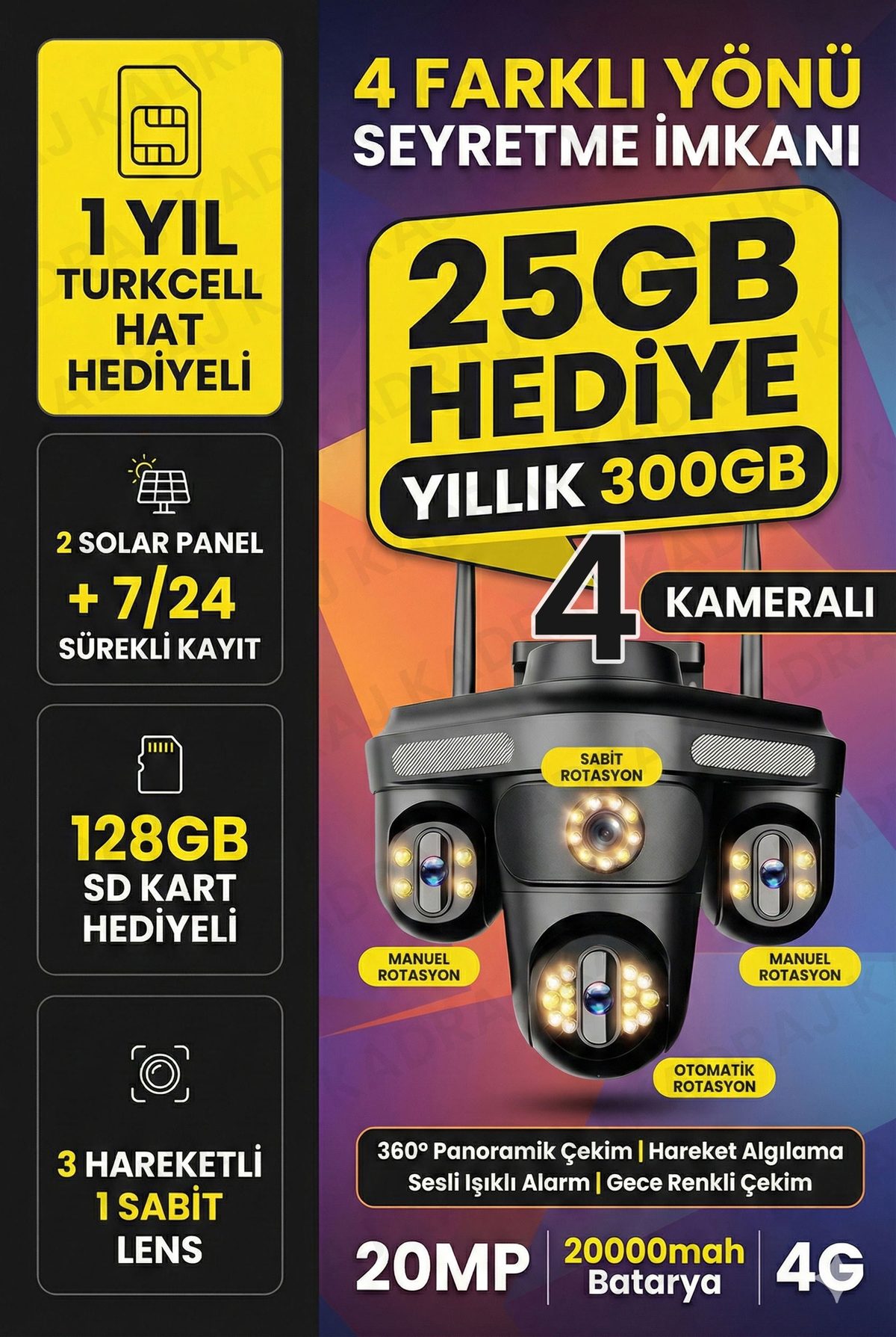 Kadraj Güneş Enerjili Kamera - 4 Kameralı - 300GB TURKCELL Yıllık Sim Kart Dahil + 128GB SD Kart + 2 Solar Panel + 20.000mah Batarya