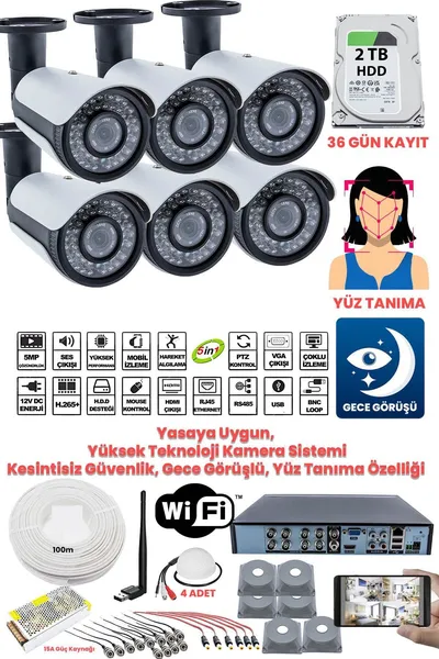 Kadraj Güvenlik Kamera Seti - 6 Kameralı - 5MP Sony SecuLens, Full HD, Gece Görüşü, Yasalara Uygun, 2TB Disk + Ses Alma - KDJ-6S-42IR-PND-V4