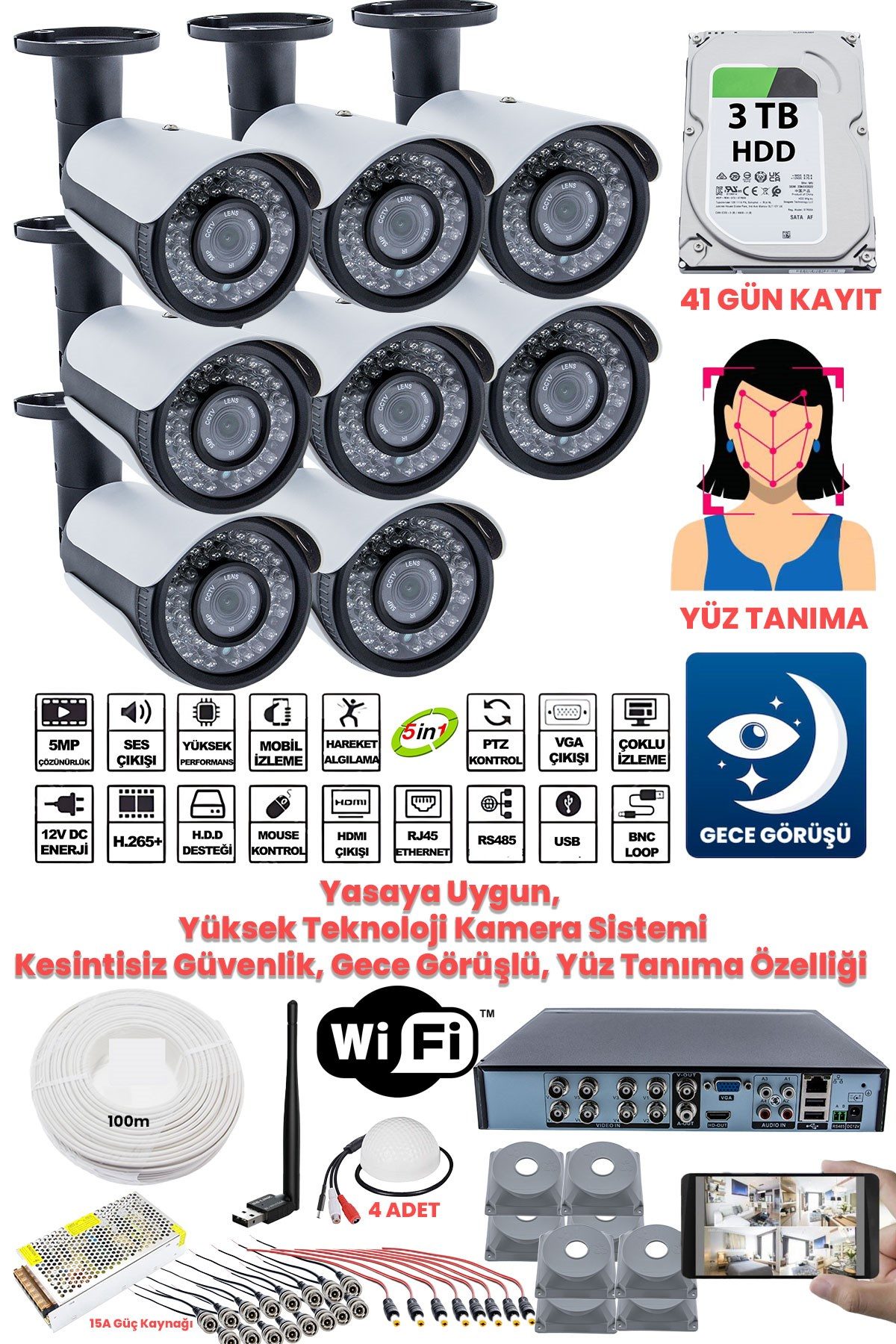 Kadraj Güvenlik Kamera Seti - 8 Kameralı - 5MP Sony SecuLens, Full HD, Gece Görüşü, Yasalara Uygun, 3TB Disk + Ses Alma
