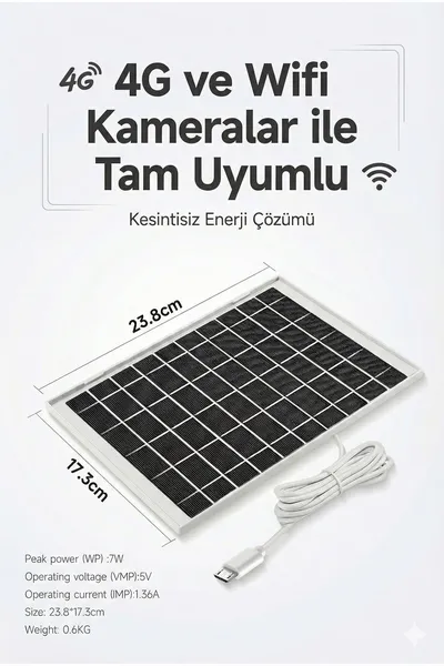 Kadraj Güvenlik Kamerası Güneş Paneli - 5V 7W (4G & WiFi Uyumlu)
