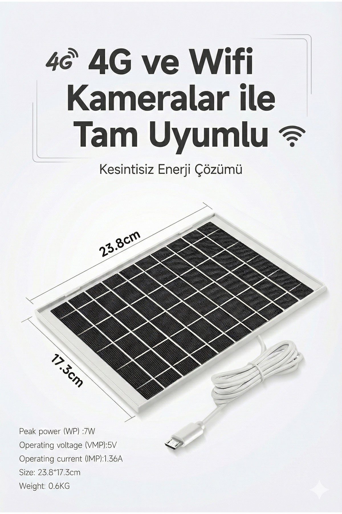 Kadraj Güvenlik Kamerası Güneş Paneli - 5V 7W (4G & WiFi Uyumlu)