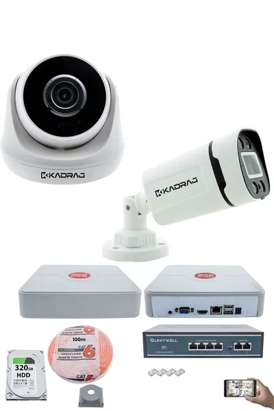 Kadraj IP Güvenlik Kamera Seti - 1 İç Mekan IP Kamera, 1 Dış Mekan IP Kamera, 320GB H.D.D, 9 Kanal NVR, Gece Görüş, Uzaktan İzleme, Hareket Tabiki, İnsan Tes