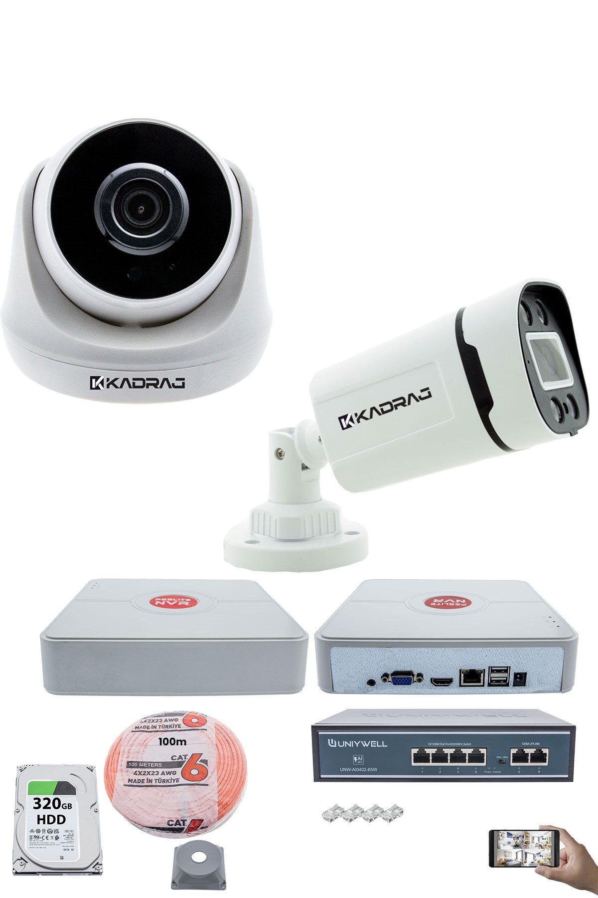 Kadraj IP Güvenlik Kamera Seti - 1 İç Mekan IP Kamera, 1 Dış Mekan IP Kamera, 320GB H.D.D, 9 Kanal NVR, Gece Görüş, Uzaktan İzleme, Hareket Tabiki, İnsan Tes