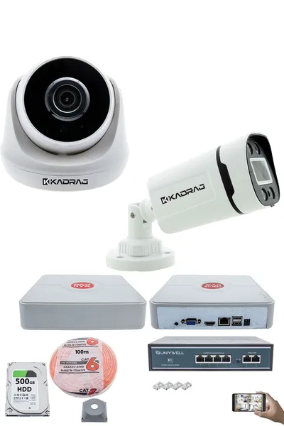 Kadraj IP Güvenlik Kamera Seti - 1 İç Mekan IP Kamera, 1 Dış Mekan IP Kamera, 500GB H.D.D, 9 Kanal NVR, Gece Görüş, Uzaktan İzleme, Hareket Tabiki, İnsan Tes