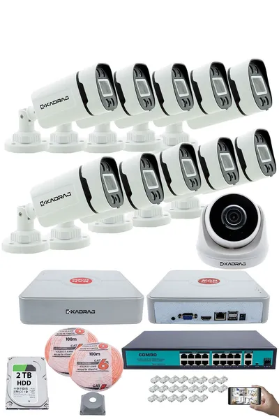 Kadraj IP Güvenlik Kamera Seti - 1 İç Mekan IP Kamera, 10 Dış Mekan IP Kamera, 2TB H.D.D, 16 Kanal NVR, Gece Görüş, Uzaktan İzleme, Hareket Tabiki, İnsan Tes