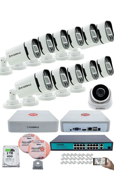 Kadraj IP Güvenlik Kamera Seti - 1 İç Mekan IP Kamera, 11 Dış Mekan IP Kamera, 2TB H.D.D, 16 Kanal NVR, Gece Görüş, Uzaktan İzleme, Hareket Tabiki, İnsan Tes