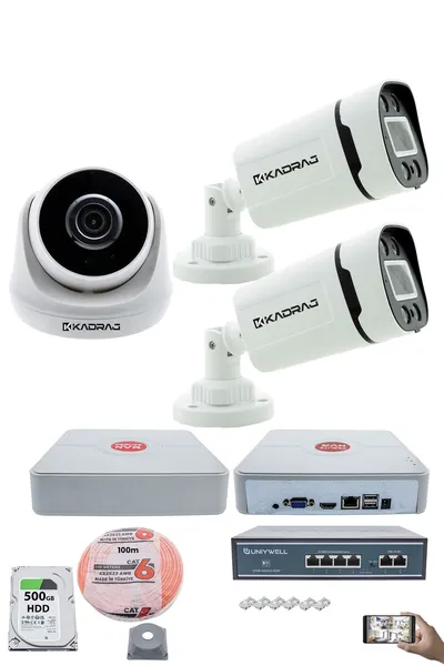 Kadraj IP Güvenlik Kamera Seti - 1 İç Mekan IP Kamera, 2 Dış Mekan IP Kamera, 500GB H.D.D, 9 Kanal NVR, Gece Görüş, Uzaktan İzleme, Hareket Tabiki, İnsan Tes