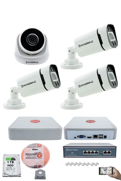 Kadraj IP Güvenlik Kamera Seti - 1 İç Mekan IP Kamera, 3 Dış Mekan IP Kamera, 1TB H.D.D, 9 Kanal NVR, Gece Görüş, Uzaktan İzleme, Hareket Tabiki, İnsan Tespi