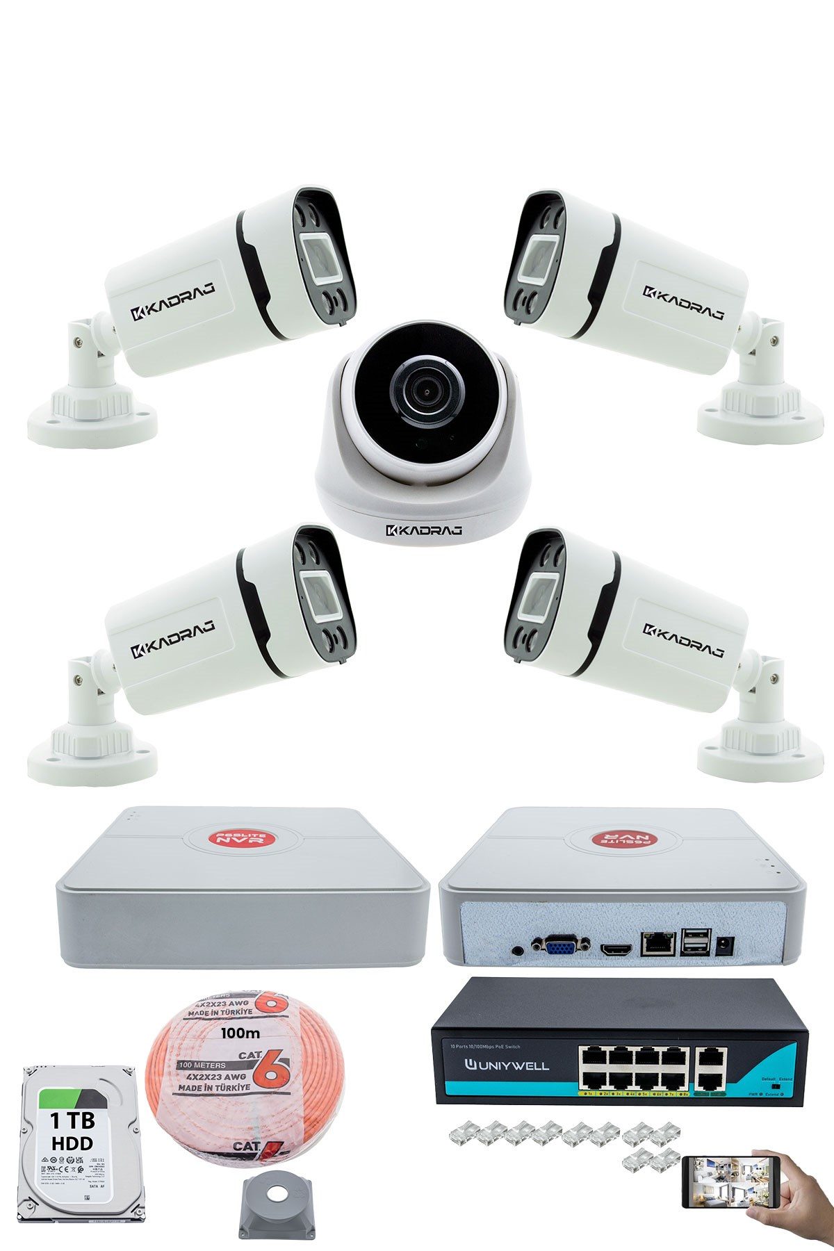 Kadraj IP Güvenlik Kamera Seti - 1 İç Mekan IP Kamera, 4 Dış Mekan IP Kamera, 1TB H.D.D, 9 Kanal NVR, Gece Görüş, Uzaktan İzleme, Hareket Tabiki, İnsan Tespi
