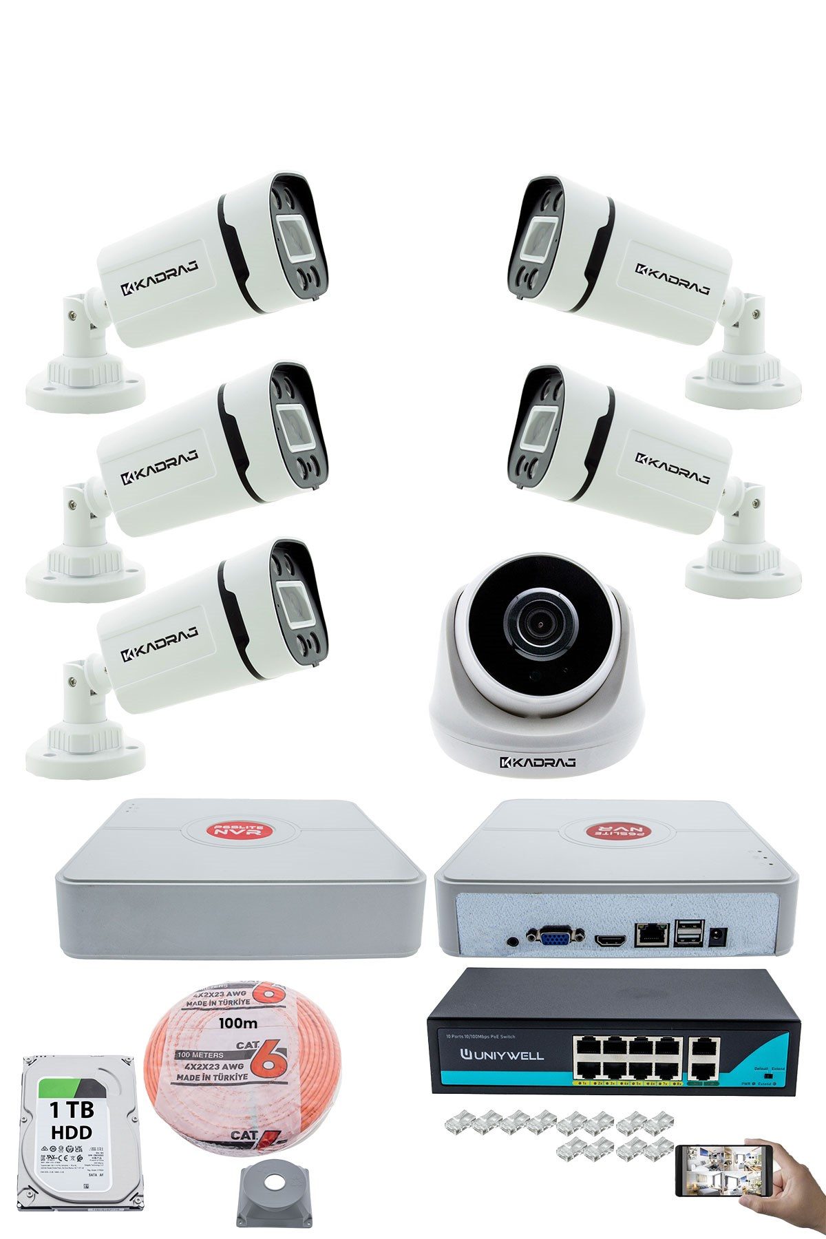 Kadraj IP Güvenlik Kamera Seti - 1 İç Mekan IP Kamera, 5 Dış Mekan IP Kamera, 1TB H.D.D, 9 Kanal NVR, Gece Görüş, Uzaktan İzleme, Hareket Tabiki, İnsan Tespi