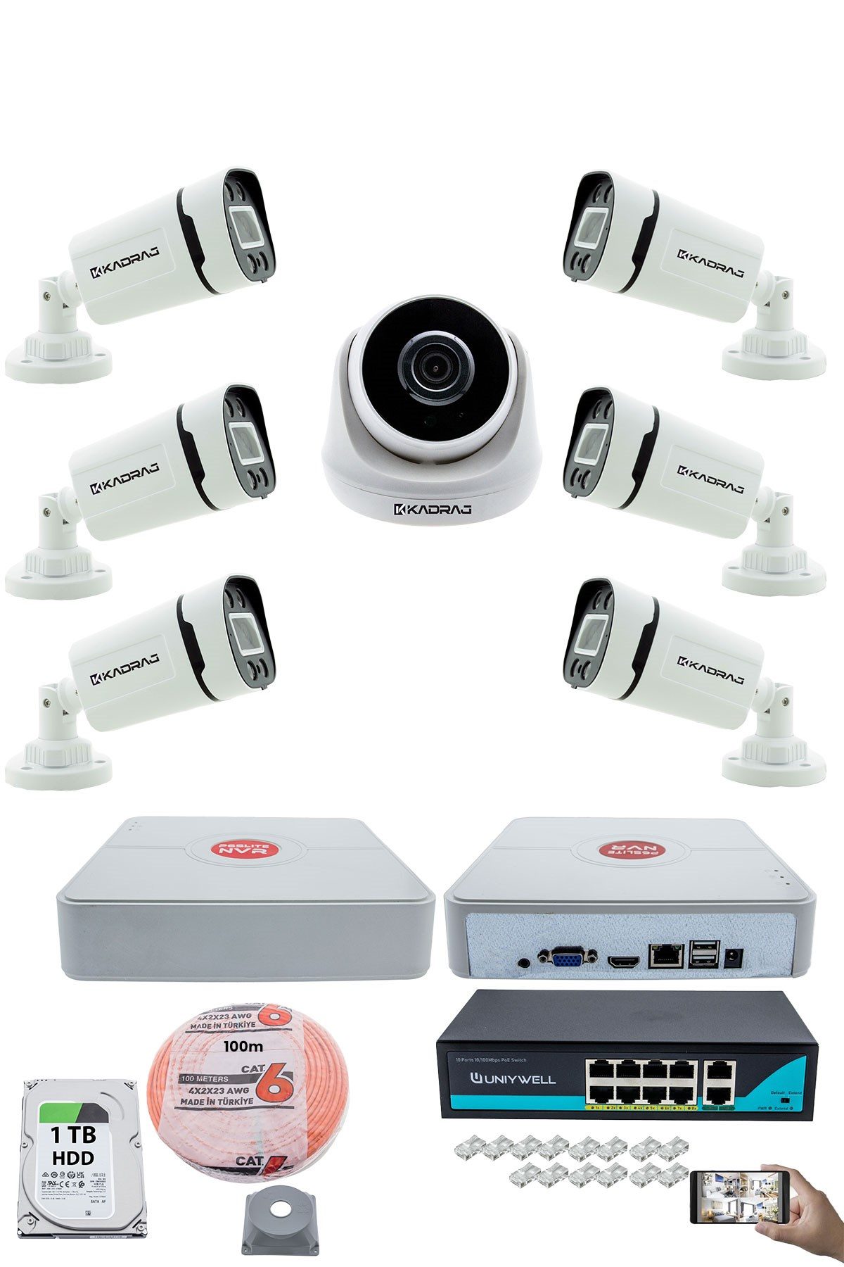 Kadraj IP Güvenlik Kamera Seti - 1 İç Mekan IP Kamera, 6 Dış Mekan IP Kamera, 1TB H.D.D, 9 Kanal NVR, Gece Görüş, Uzaktan İzleme, Hareket Tabiki, İnsan Tespi