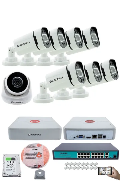 Kadraj Ip Güvenlik Kamera Seti - 1 İç Mekan Ip Kamera, 7 dış Mekan Ip Kamera, 1TB H.D.D 9 Kanal Nvr, Gece Görüş, Uzaktan İzleme, Hareket Tabiki, İnsan Tespi