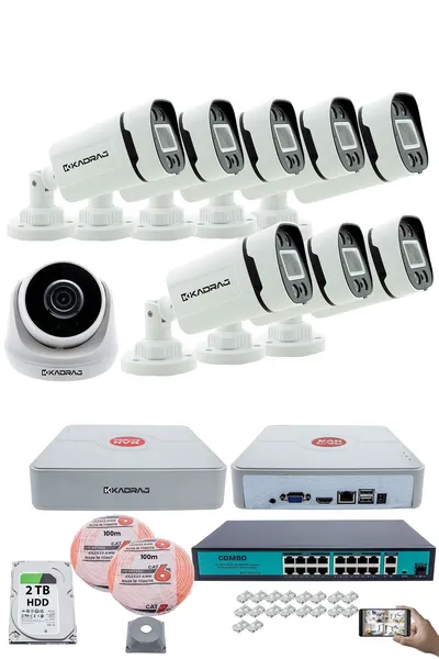 Kadraj IP Güvenlik Kamera Seti - 1 İç Mekan IP Kamera, 8 Dış Mekan IP Kamera, 2TB H.D.D, 16 Kanal NVR, Gece Görüş, Uzaktan İzleme, Hareket Tabiki, İnsan Tesp