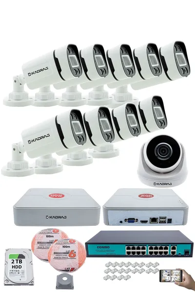 Kadraj IP Güvenlik Kamera Seti - 1 İç Mekan IP Kamera, 9 Dış Mekan IP Kamera, 2TB H.D.D, 16 Kanal NVR, Gece Görüş, Uzaktan İzleme, Hareket Tabiki, İnsan Tesp