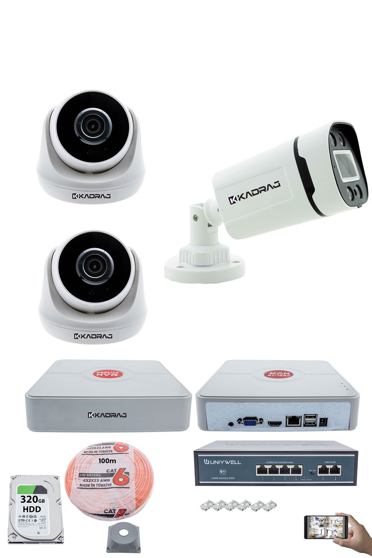 Kadraj IP Güvenlik Kamera Seti - 2 İç Mekan IP Kamera, 1 Dış Mekan IP Kamera, 320GB H.D.D, 9 Kanal NVR, Gece Görüş, Uzaktan İzleme, Hareket Tabiki, İnsan Tes