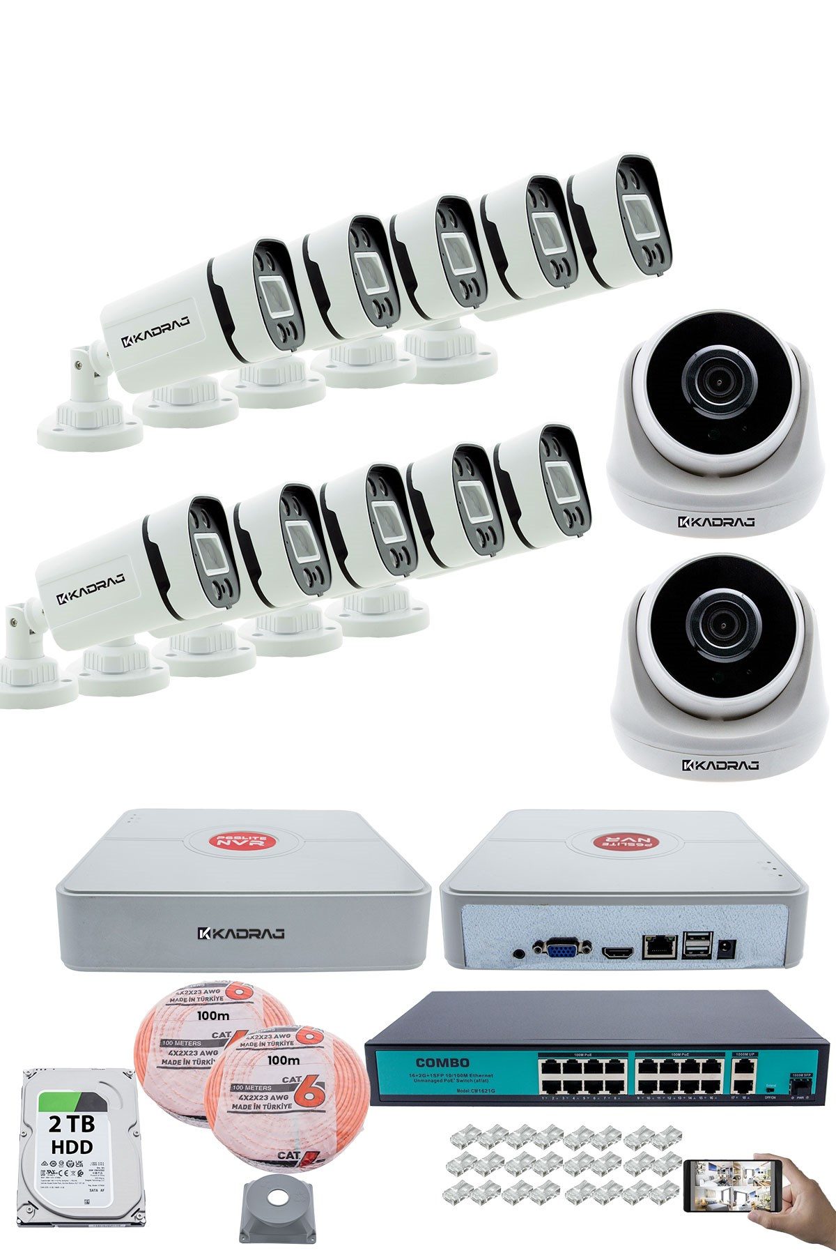 Kadraj IP Güvenlik Kamera Seti - 2 İç Mekan IP Kamera, 10 Dış Mekan IP Kamera, 2TB H.D.D, 16 Kanal NVR, Gece Görüş, Uzaktan İzleme, Hareket Tabiki, İnsan Tes