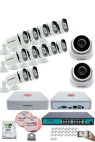 Kadraj IP Güvenlik Kamera Seti - 2 İç Mekan IP Kamera, 12 Dış Mekan IP Kamera, 2TB H.D.D, 16 Kanal NVR, Gece Görüş, Uzaktan İzleme, Hareket Tabiki, İnsan Tes