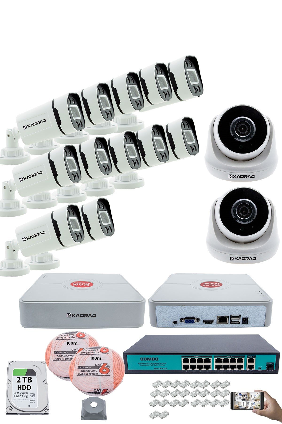 Kadraj IP Güvenlik Kamera Seti - 2 İç Mekan IP Kamera, 12 Dış Mekan IP Kamera, 2TB H.D.D, 16 Kanal NVR, Gece Görüş, Uzaktan İzleme, Hareket Tabiki, İnsan Tes