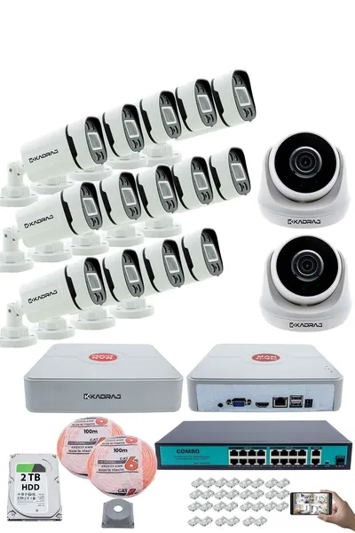 Kadraj IP Güvenlik Kamera Seti - 2 İç Mekan IP Kamera, 14 Dış Mekan IP Kamera, 2TB H.D.D, 16 Kanal NVR, Gece Görüş, Uzaktan İzleme, Hareket Tabiki, İnsan Tes