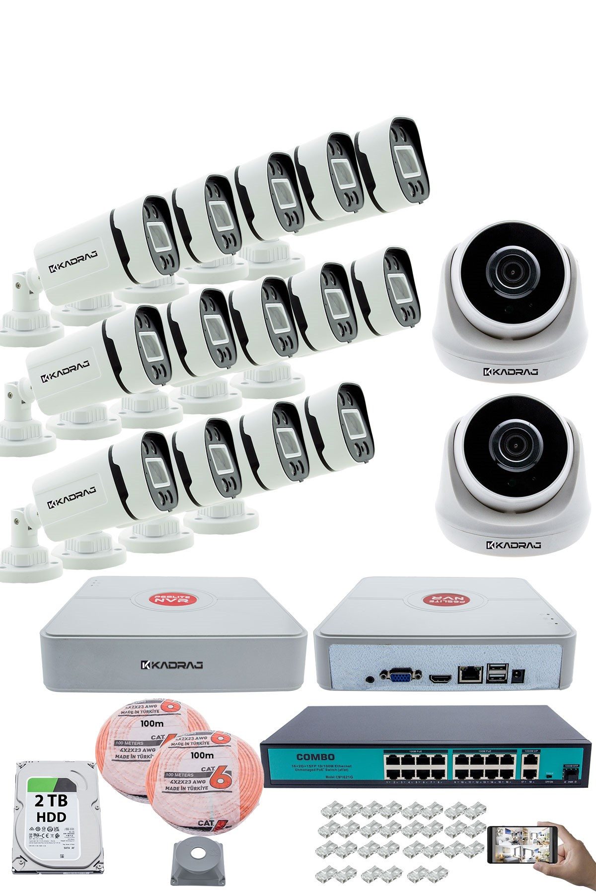 Kadraj IP Güvenlik Kamera Seti - 2 İç Mekan IP Kamera, 14 Dış Mekan IP Kamera, 2TB H.D.D, 16 Kanal NVR, Gece Görüş, Uzaktan İzleme, Hareket Tabiki, İnsan Tes