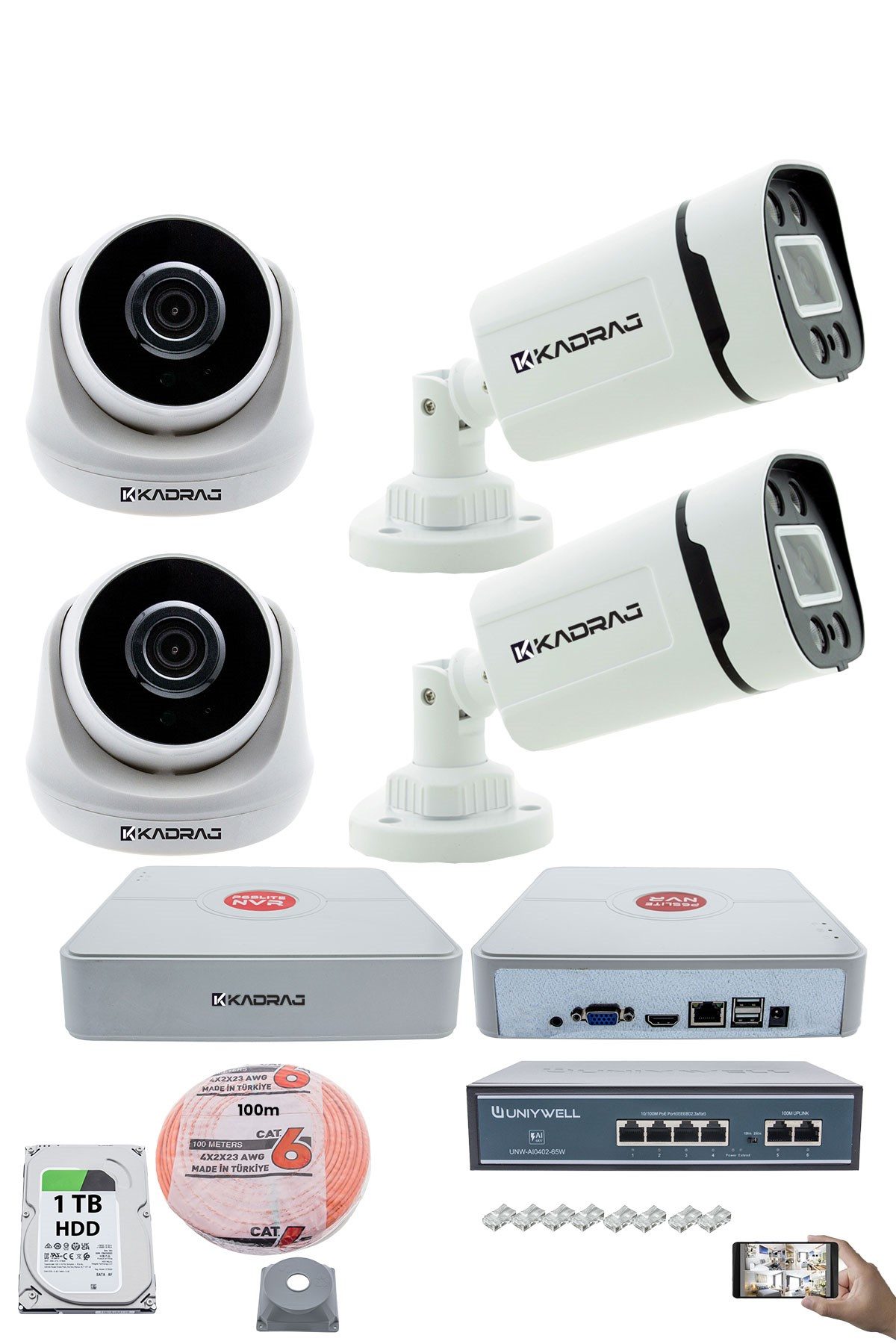 Kadraj IP Güvenlik Kamera Seti - 2 İç Mekan IP Kamera, 2 Dış Mekan IP Kamera, 1TB H.D.D, 9 Kanal NVR, Gece Görüş, Uzaktan İzleme, Hareket Tabiki, İnsan Tespi