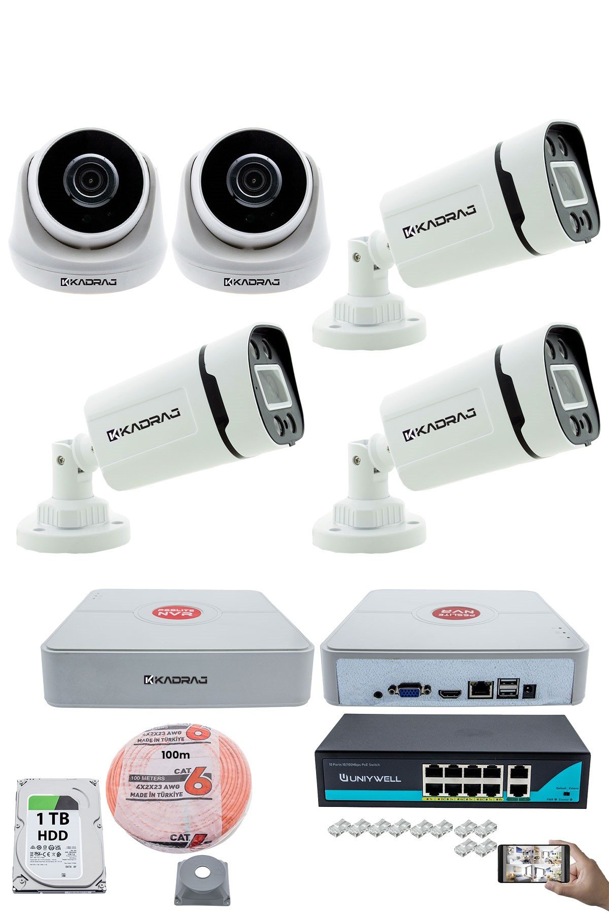 Kadraj IP Güvenlik Kamera Seti - 2 İç Mekan IP Kamera, 3 Dış Mekan IP Kamera, 1TB H.D.D, 9 Kanal NVR, Gece Görüş, Uzaktan İzleme, Hareket Tabiki, İnsan Tespi
