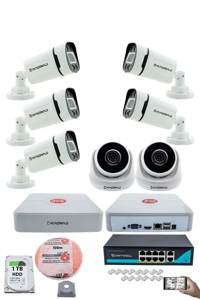 Kadraj IP Güvenlik Kamera Seti - 2 İç Mekan IP Kamera, 5 Dış Mekan IP Kamera, 1TB H.D.D, 9 Kanal NVR, Gece Görüş, Uzaktan İzleme, Hareket Tabiki, İnsan Tespi