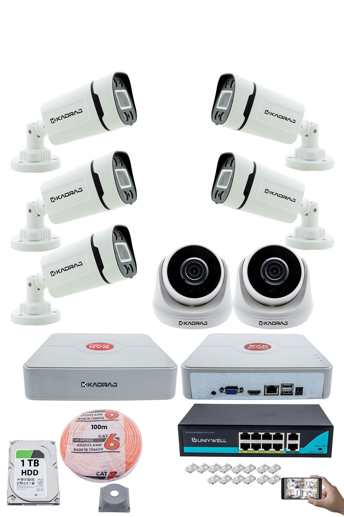 Kadraj IP Güvenlik Kamera Seti - 2 İç Mekan IP Kamera, 5 Dış Mekan IP Kamera, 1TB H.D.D, 9 Kanal NVR, Gece Görüş, Uzaktan İzleme, Hareket Tabiki, İnsan Tespi