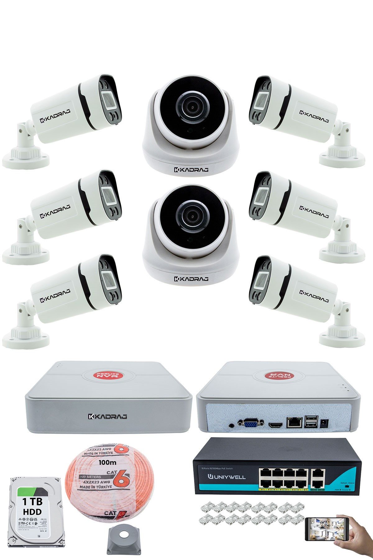 Kadraj IP Güvenlik Kamera Seti - 2 İç Mekan IP Kamera, 6 Dış Mekan IP Kamera, 1TB H.D.D, 9 Kanal NVR, Gece Görüş, Uzaktan İzleme, Hareket Tabiki, İnsan Tespi