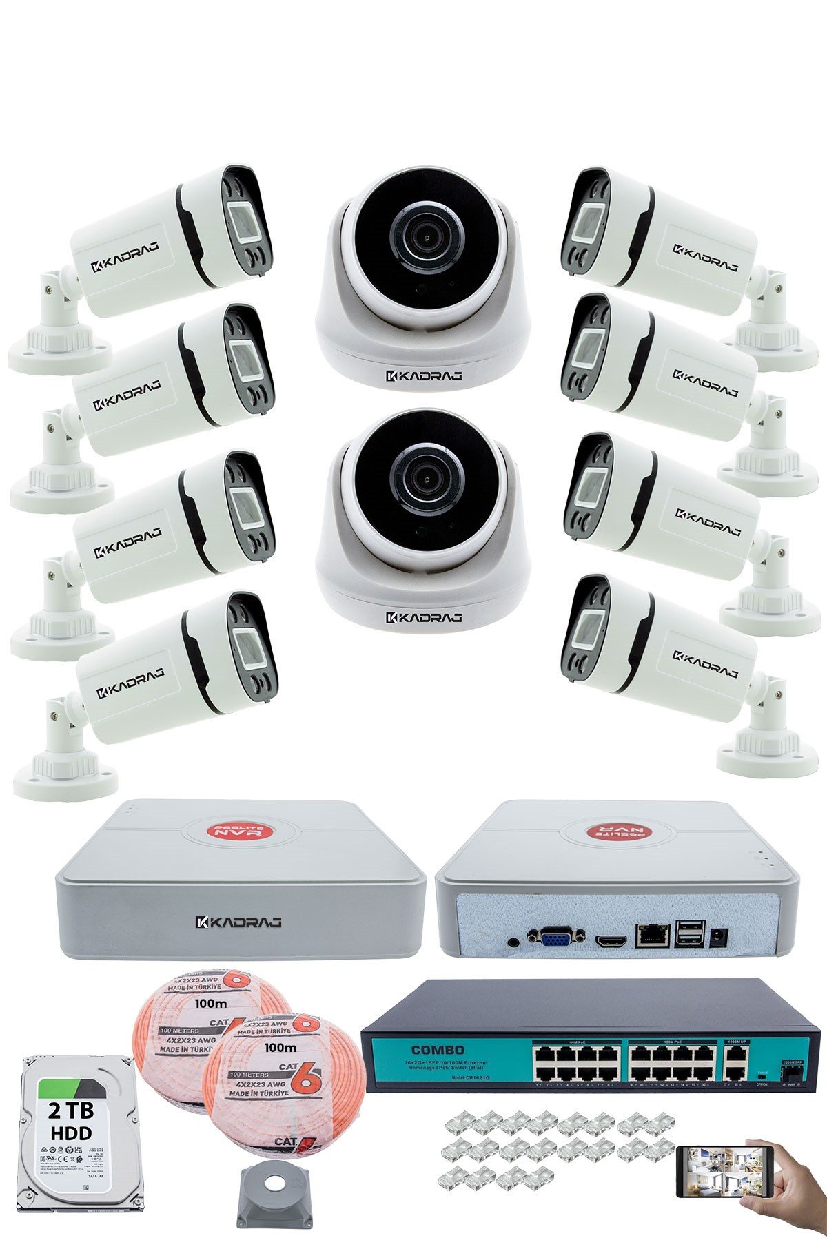 Kadraj IP Güvenlik Kamera Seti - 2 İç Mekan IP Kamera, 8 Dış Mekan IP Kamera, 2TB H.D.D, 16 Kanal NVR, Gece Görüş, Uzaktan İzleme, Hareket Tabiki, İnsan Tesp