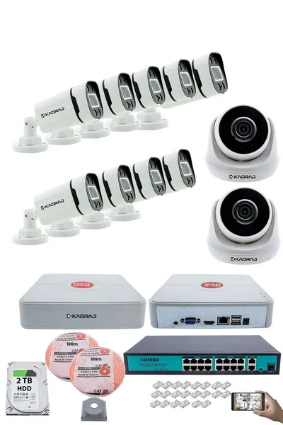 Kadraj IP Güvenlik Kamera Seti - 2 İç Mekan IP Kamera, 9 Dış Mekan IP Kamera, 2TB H.D.D, 16 Kanal NVR, Gece Görüş, Uzaktan İzleme, Hareket Tabiki, İnsan Tesp