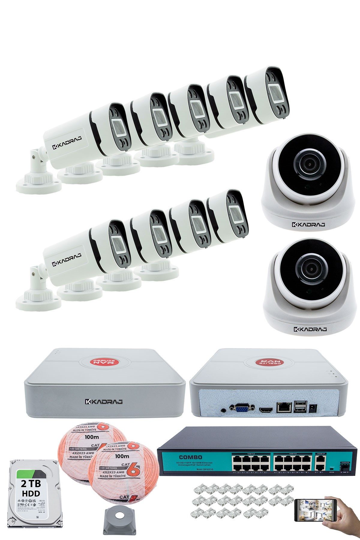 Kadraj IP Güvenlik Kamera Seti - 2 İç Mekan IP Kamera, 9 Dış Mekan IP Kamera, 2TB H.D.D, 16 Kanal NVR, Gece Görüş, Uzaktan İzleme, Hareket Tabiki, İnsan Tesp