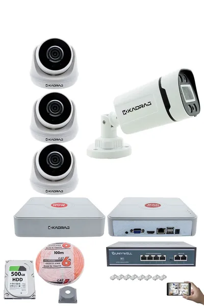 Kadraj IP Güvenlik Kamera Seti - 3 İç Mekan IP Kamera, 1 Dış Mekan IP Kamera, 500GB H.D.D, 9 Kanal NVR, Gece Görüş, Uzaktan İzleme, Hareket Tabiki, İnsan Tes