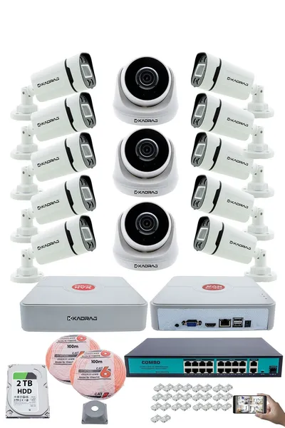 Kadraj IP Güvenlik Kamera Seti - 3 İç Mekan IP Kamera, 10 Dış Mekan IP Kamera, 2TB H.D.D, 16 Kanal NVR, Gece Görüş, Uzaktan İzleme, Hareket Tabiki, İnsan Tes