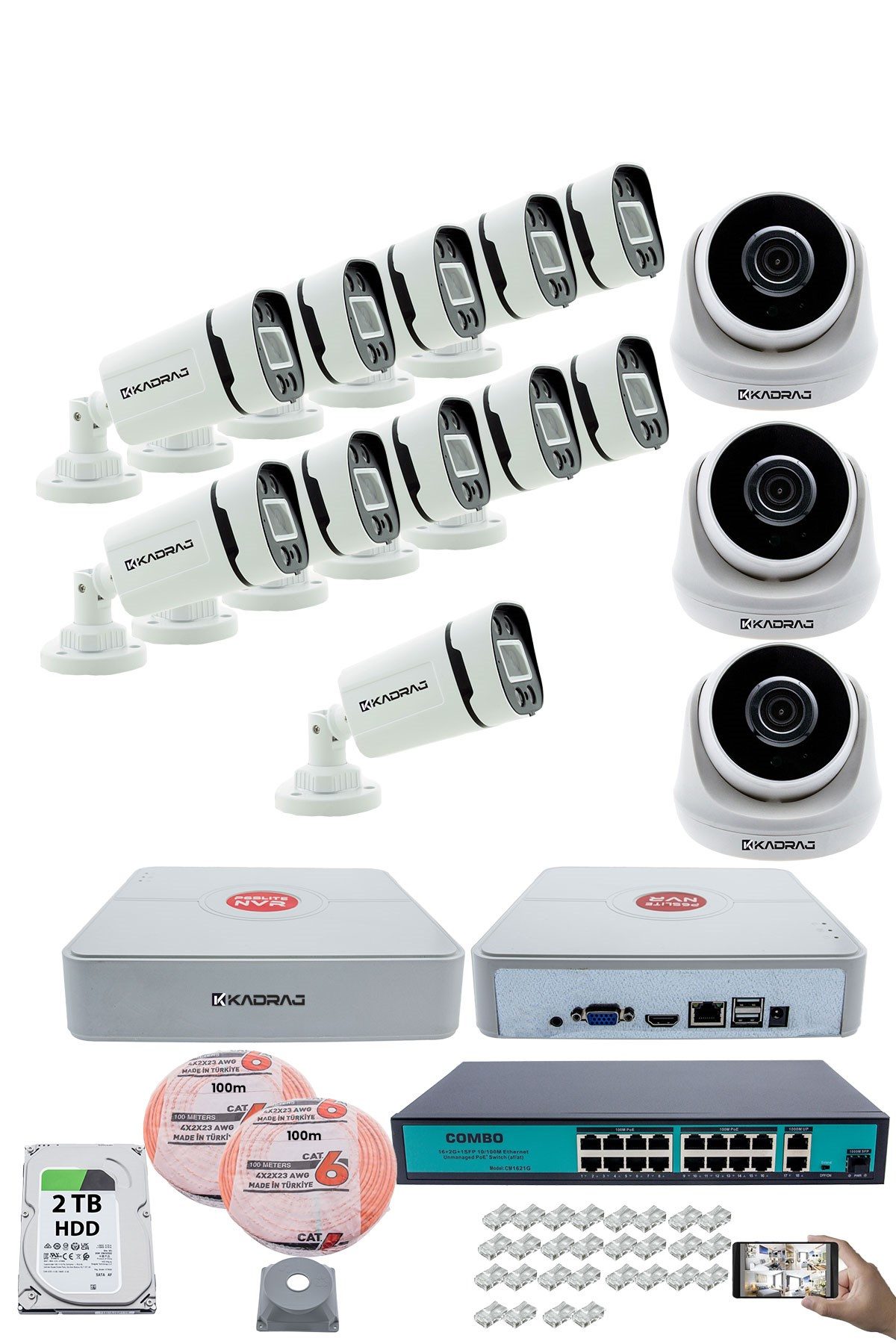 Kadraj IP Güvenlik Kamera Seti - 3 İç Mekan IP Kamera, 11 Dış Mekan IP Kamera, 2TB H.D.D, 16 Kanal NVR, Gece Görüş, Uzaktan İzleme, Hareket Tabiki, İnsan Tes