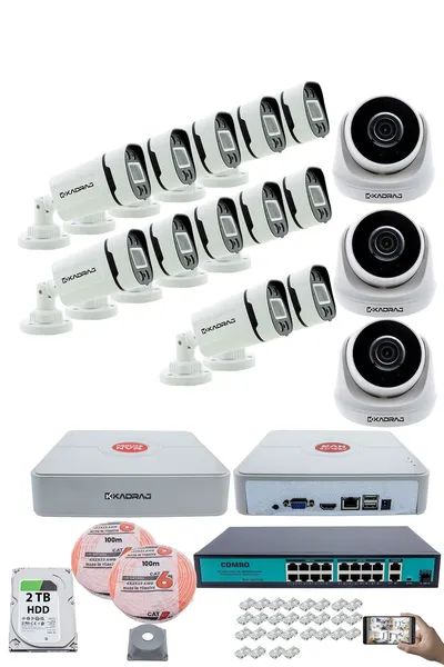 Kadraj IP Güvenlik Kamera Seti - 3 İç Mekan IP Kamera, 12 Dış Mekan IP Kamera, 2TB H.D.D, 16 Kanal NVR, Gece Görüş, Uzaktan İzleme, Hareket Tabiki, İnsan Tes