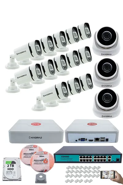 Kadraj IP Güvenlik Kamera Seti - 3 İç Mekan IP Kamera, 13 Dış Mekan IP Kamera, 2TB H.D.D, 16 Kanal NVR, Gece Görüş, Uzaktan İzleme, Hareket Tabiki, İnsan Tes