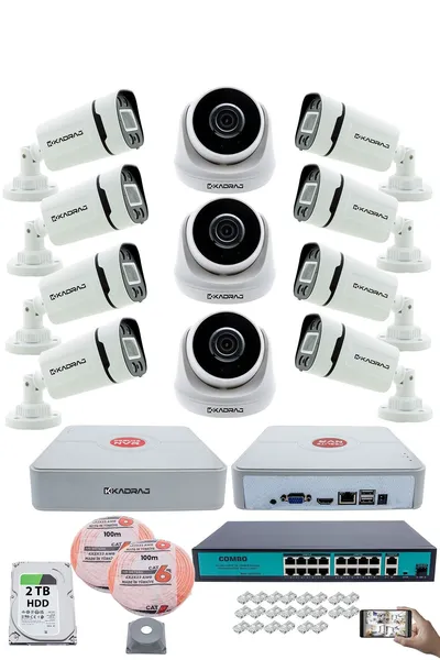 Kadraj IP Güvenlik Kamera Seti - 3 İç Mekan IP Kamera, 8 Dış Mekan IP Kamera, 2TB H.D.D, 16 Kanal NVR, Gece Görüş, Uzaktan İzleme, Hareket Tabiki, İnsan Tesp