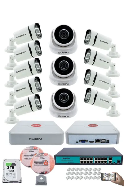 Kadraj IP Güvenlik Kamera Seti - 3 İç Mekan IP Kamera, 9 Dış Mekan IP Kamera, 2TB H.D.D, 16 Kanal NVR, Gece Görüş, Uzaktan İzleme, Hareket Tabiki, İnsan Tesp