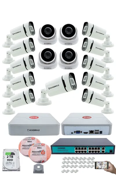 Kadraj IP Güvenlik Kamera Seti - 4 İç Mekan IP Kamera, 11 Dış Mekan IP Kamera, 2TB H.D.D, 16 Kanal NVR, Gece Görüş, Uzaktan İzleme, Hareket Tabiki, İnsan Tes