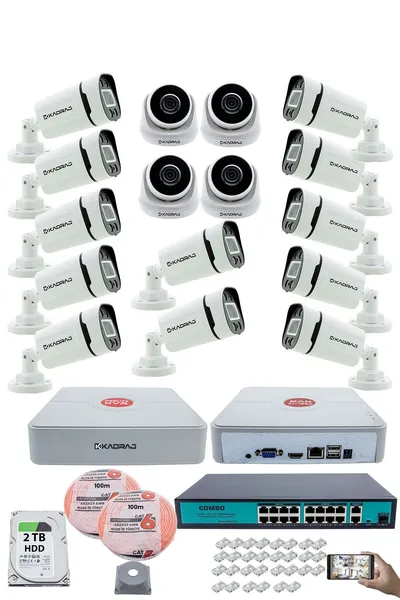 Kadraj IP Güvenlik Kamera Seti - 4 İç Mekan IP Kamera, 12 Dış Mekan IP Kamera, 2TB H.D.D, 16 Kanal NVR, Gece Görüş, Uzaktan İzleme, Hareket Tabiki, İnsan Tes