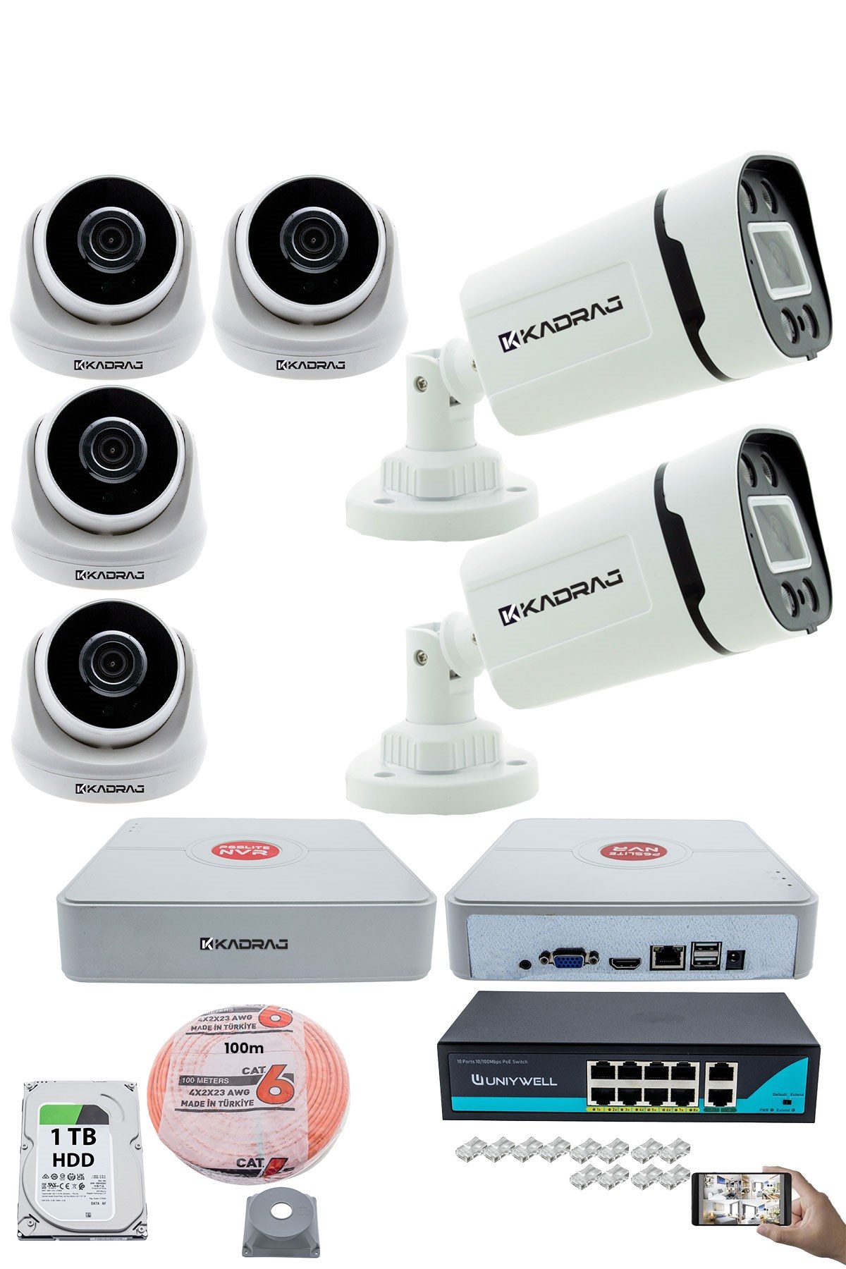Kadraj IP Güvenlik Kamera Seti - 4 İç Mekan IP Kamera, 2 Dış Mekan IP Kamera, 1TB H.D.D, 9 Kanal NVR, Gece Görüş, Uzaktan İzleme, Hareket Tabiki, İnsan Tespi
